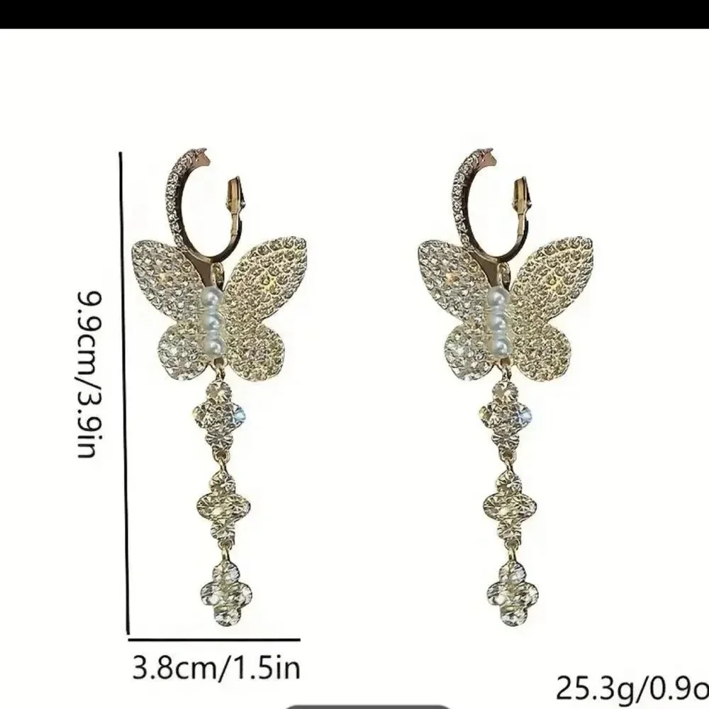 New! Exquisite Butterfly Earrings With Full Shiny Rhinestone Faux Pearl Decor
